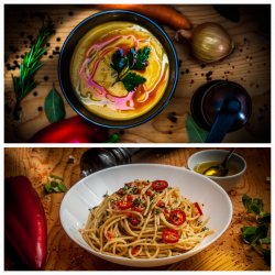 Supă cremă de legume + crutoane + paste Aglio Olio Peperoncino image