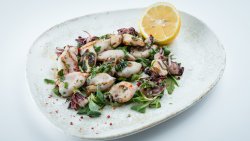 Calamari la grătar pe pat de salată Misticanza, sos salmorillo image