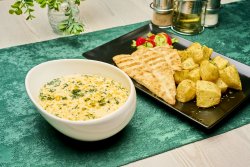 Ciorba de pui a la grec + piept de pui la gratar cu cartofi cu rozmarin + salata varza+chifla  image