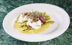 Foie Gras with Poached Eggs, Truffles and Grilled Asparagus image