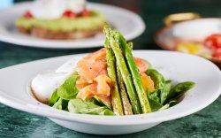 Poached Eggs with Cured Salmon and Grilled Asparagus  image