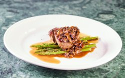 Beef Tenederloin with Asparagus and Brown Sauce with Mushrooms image