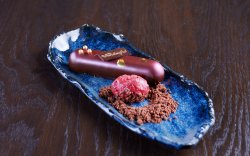 Caramel and Gianduja Chocolate Bar with Raspberry Sauce image