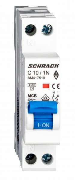 Întrerupător automat Schrack AMPARO AM417510--, 4,5kA, 10A, 1P+N, 1modul
