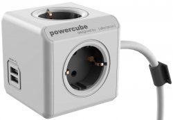 Prelungitor în formă de cub 4 prize, 2 USB, lungime cablu 3m, Extended USB, Allocacoc