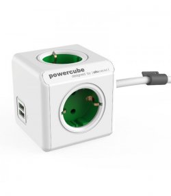 Prelungitor în formă de cub 4 prize, 2 USB, lungime cablu 1.5m alb/verde, Allocacoc