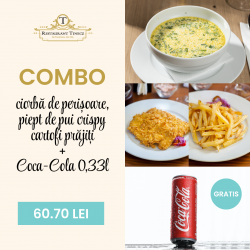 Combo ciorba de perisoare + piept de pui crispy + cartofi prajiti +1 doza coca cola 0.33l gratis image