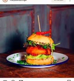MUȘCĂ din RAI.....camembert burger......camembert de capră,în crustă de pesmet proaspăt ras cu cascaval de HOREZU.,dulceață de ceapă rosie, dulceață de afine, frunze proaspete, roșii, +++cartofi prăjiți sos artizanal,COCKTAIL. image