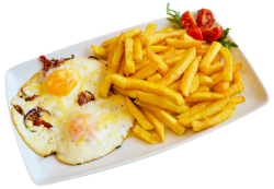 Ouă ochi în bacon şi ceapă cu cartofi prăjiţi image