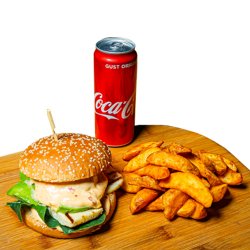 Burger de pui+cartofi prăjiți+doză suc image
