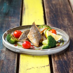 Sea Bass with Grilled Tomatoes and Broccoli image