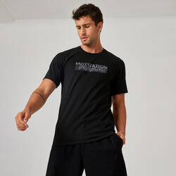 Tricou 500 fitness din bumbac extensibil slim negru bărbați